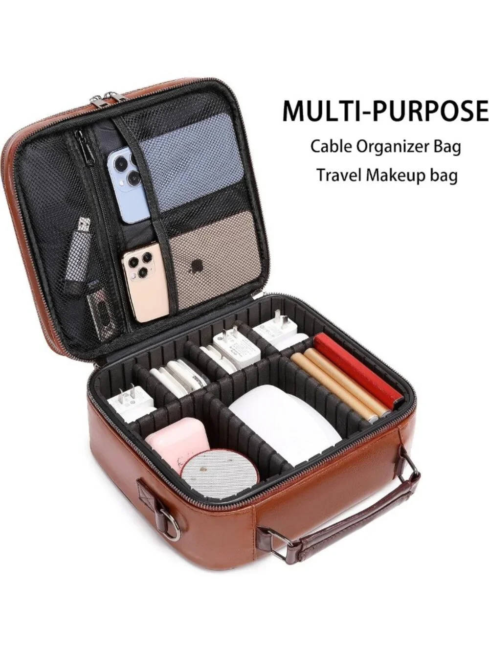 Large Waterproof Electronics Travel Organizer Bag - Adjustable Dividers, Double